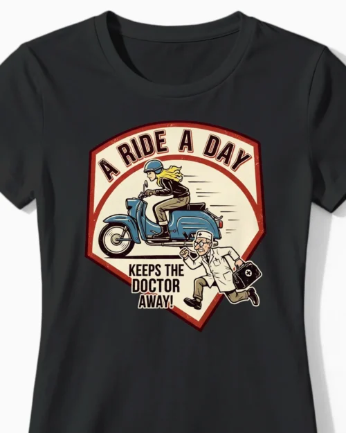 A Ride a Day keeps the Doctor away | Schwalbe Damenshirt schwarz Close-Up