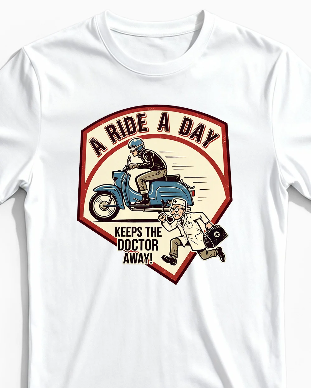 a-ride-a-day-keeps-the-doctor-away-schwalbe-herrenshirts-weiss-cu A Ride A Day | Lustiges Simson Schwalbe T-Shirt für Herren & echte Ossis mit Benzin im Blut weiss Closeup