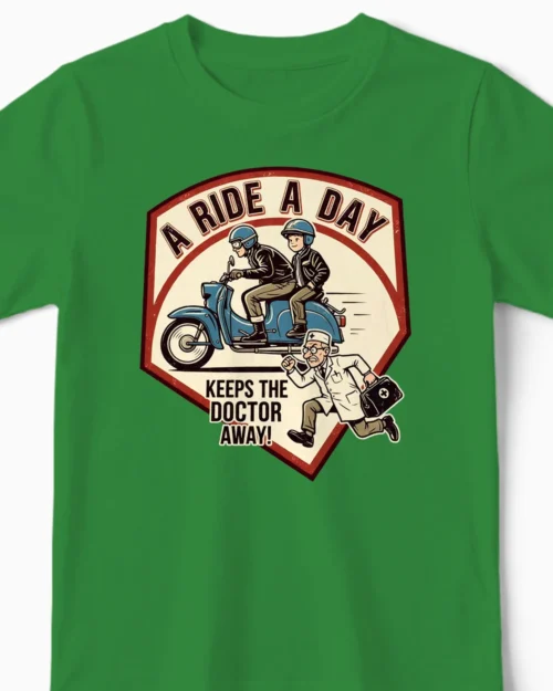 A Ride a Day keeps the Doctor away | Schwalbe Kindernshirt grün Close-Up