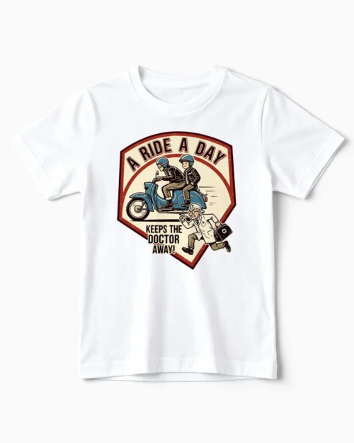 A Ride A Day | Lustiges Simson Schwalbe T-Shirt für Kinder & kleine Nachwuchs-Schrauber weiss