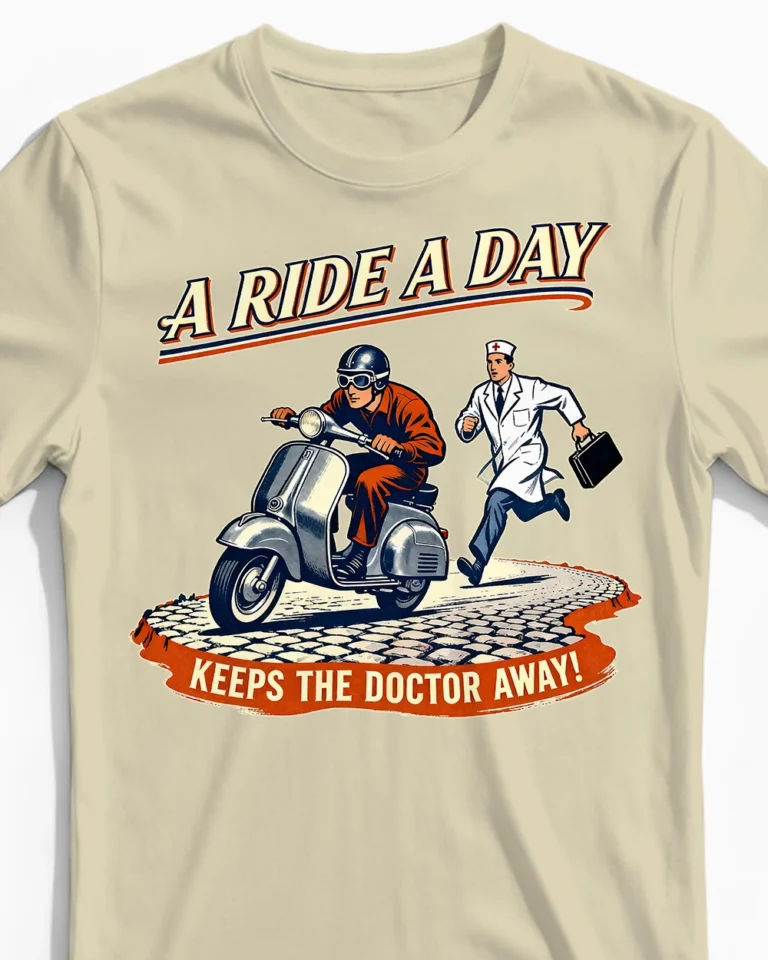 Lustiges Vespa T-Shirt Herren: A Ride A Day keeps the Doctor away im coolen Vintage-Stil beige Close-Up