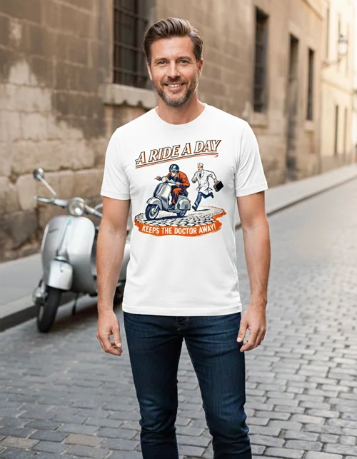 Lustiges Vespa T-Shirt Herren: A Ride A Day keeps the Doctor away im coolen Vintage-Stil