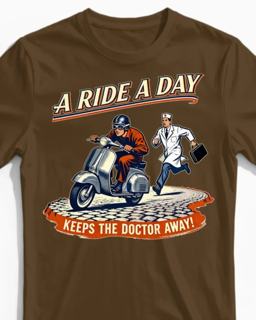 Lustiges Vespa T-Shirt Herren: A Ride A Day keeps the Doctor away im coolen Vintage-Stil braun Close-Up
