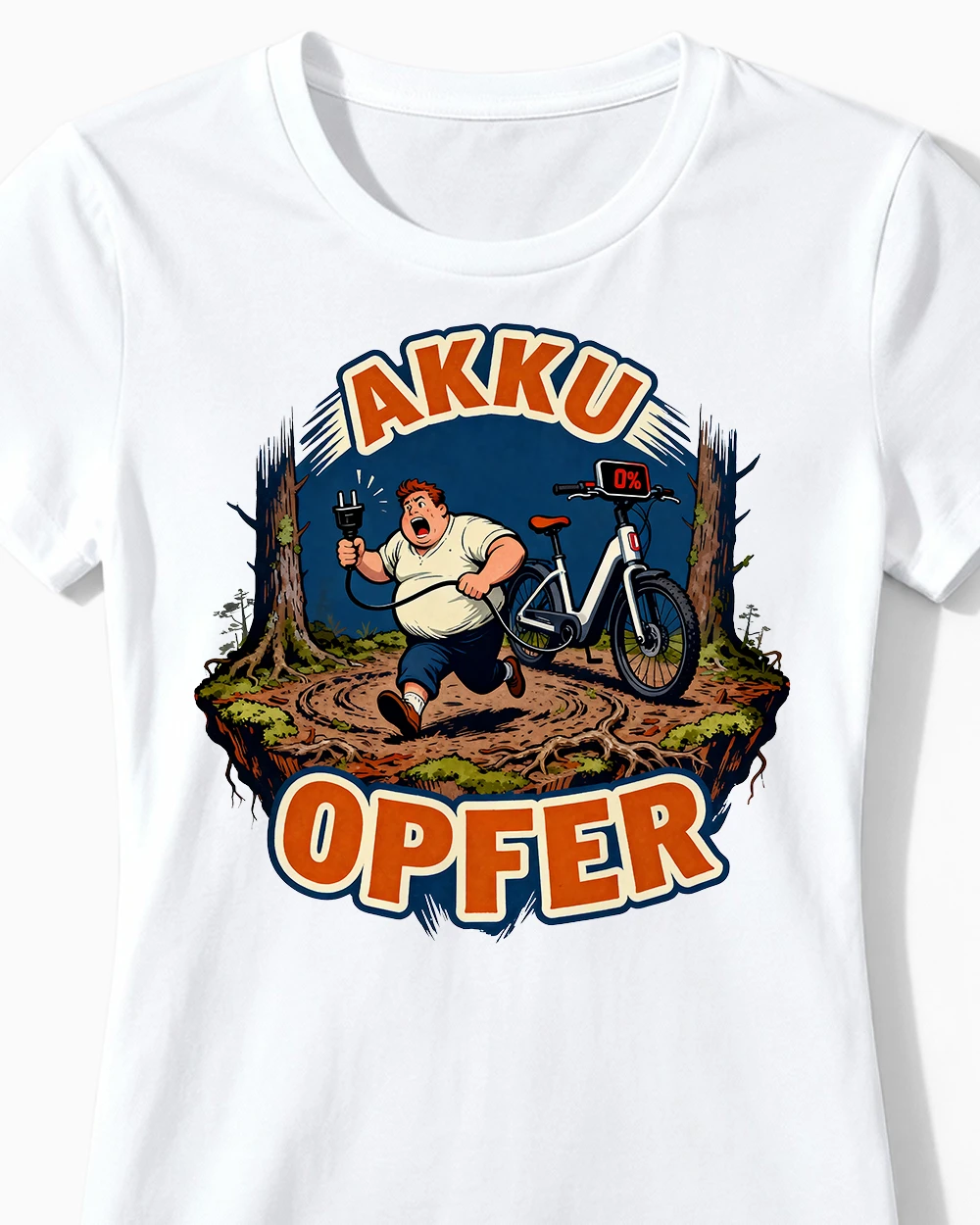 akku-opfer-anti-e-bike-damenshirt-weiss-cu Akku Opfer | Lustiges Anti E-Bike & Fahrrad T-Shirt für Damen & stolze Radlerinnen weiss Close-Up