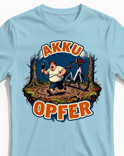 Akku Opfer – Das hämische Anti E-Bike Herrenshirt hellblau Close-Up