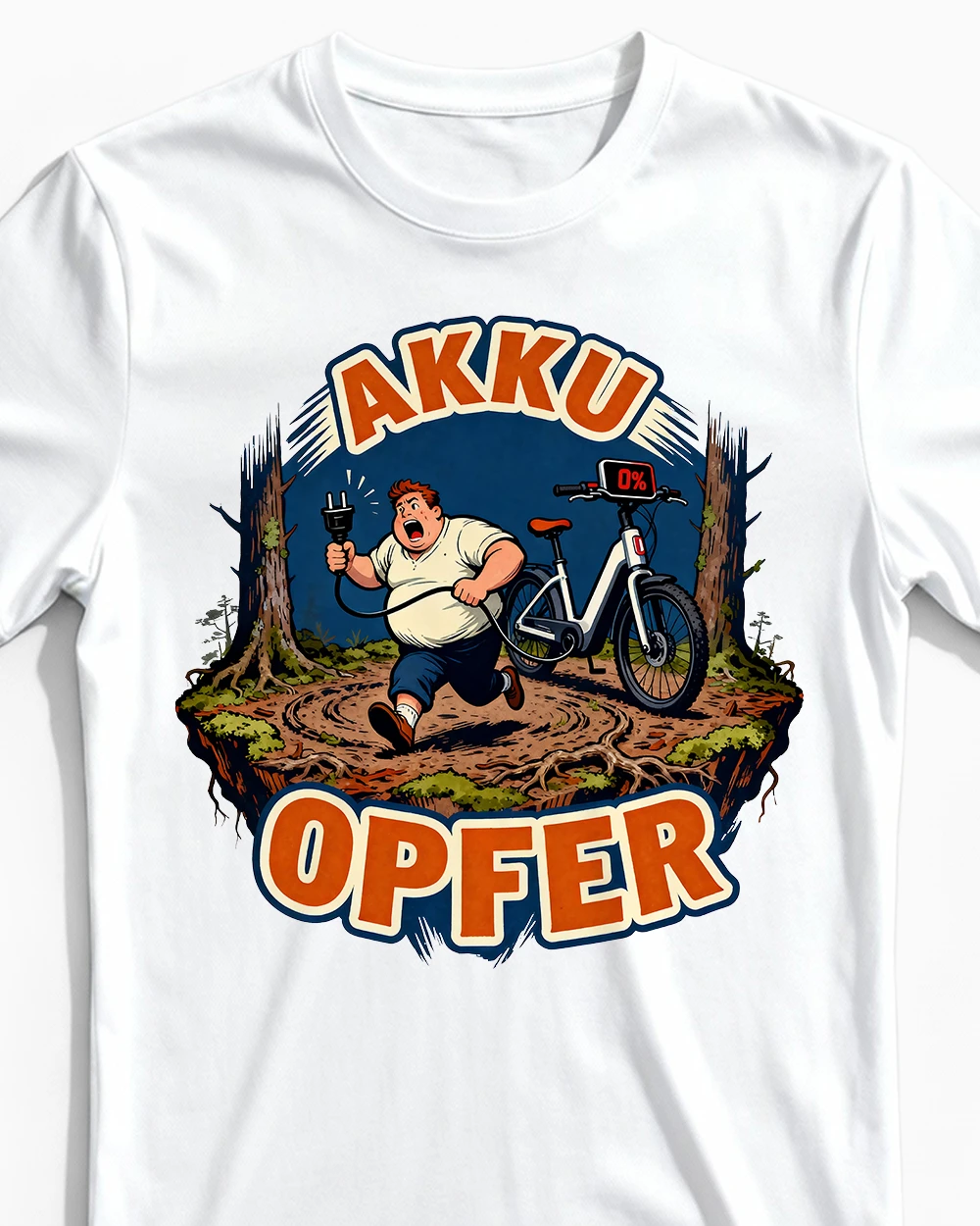 akku-opfer-anti-e-bike-herrenshirt-weiss-cu Akku Opfer | Lustiges Anti E-Bike & Fahrrad T-Shirt für Herren & echte Bio-Biker weiss Close-Up