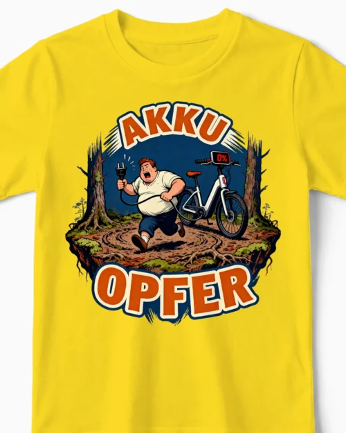 Akku Opfer – Das hämische Anti E-Bike Kindershirt gelb Close-Up