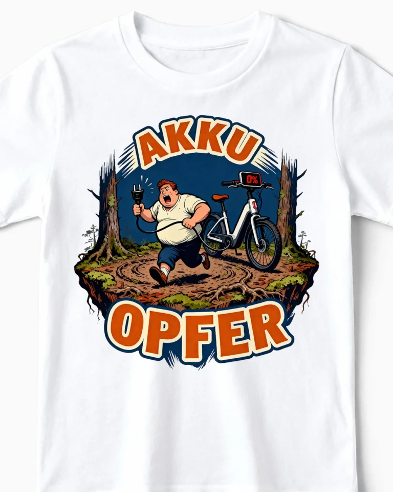 Akku Opfer | Lustiges Anti E-Bike & Fahrrad T-Shirt für Kinder & kleine Rad-Profis weiss Close-Up