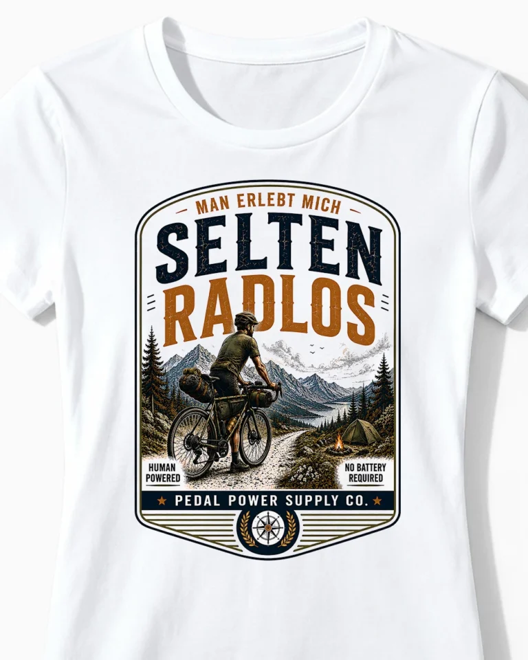 Selten Radlos Bikepacking-Edition | Bikepacking & Fahrrad T-Shirt für Damen weiss Close-Up