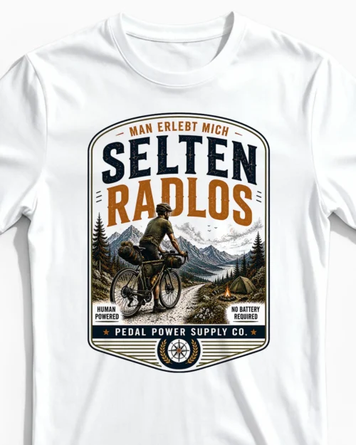 Selten Radlos Bikepacking-Edition | Bikepacking & Fahrrad T-Shirt für Herren weiss Close-Up