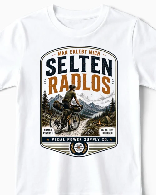 Selten Radlos Bikepacking-Edition | Bikepacking & Fahrrad T-Shirt für Kinder weiss Close-Up