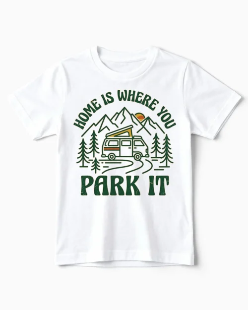 Home is where you park it | Lustiges Camper & Vanlife T-Shirt für Kinder & kleine Weltentdecker weiss