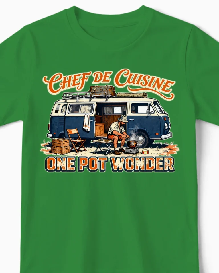 One Pot Wonder | Lustiges Camping & Vanlife T-Shirt für Kinder & kleine Abenteurer grün Close-Up