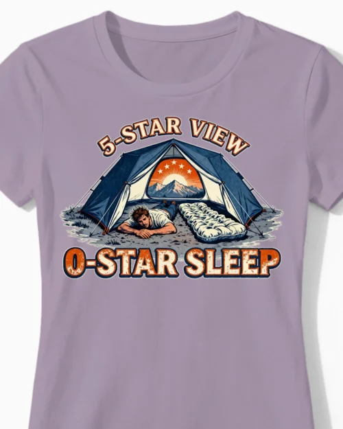 5-Star View 0-Star Sleep | Das lustige Camping Damenshirt lila Close-Up