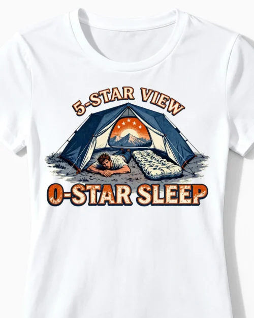5-Star View 0-Star Sleep | Das lustige Camping Damenshirt weiss Close-Up