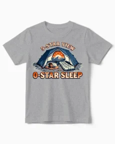 5-Star View 0-Star Sleep | Das witzige Camping Kindershirt für kleine Zelt-Abenteurer graumeliert