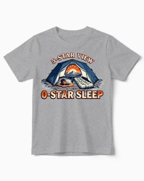 5-Star View 0-Star Sleep | Das witzige Camping Kindershirt für kleine Zelt-Abenteurer graumeliert