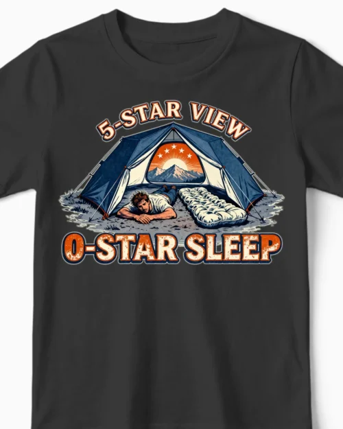 5-Star View 0-Star Sleep | Das witzige Camping Kindershirt für kleine Zelt-Abenteurer schwarz Close-Up