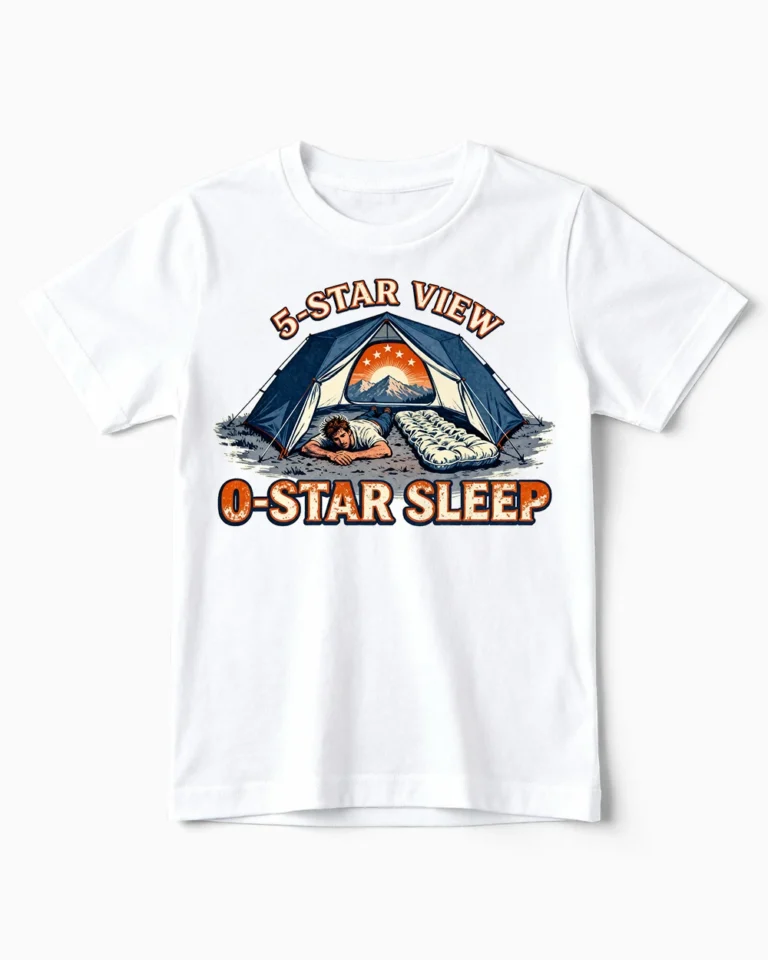 5-Star View 0-Star Sleep | Lustiges Camping & Zelten T-Shirt für Kinder & kleine Abenteurer weiss