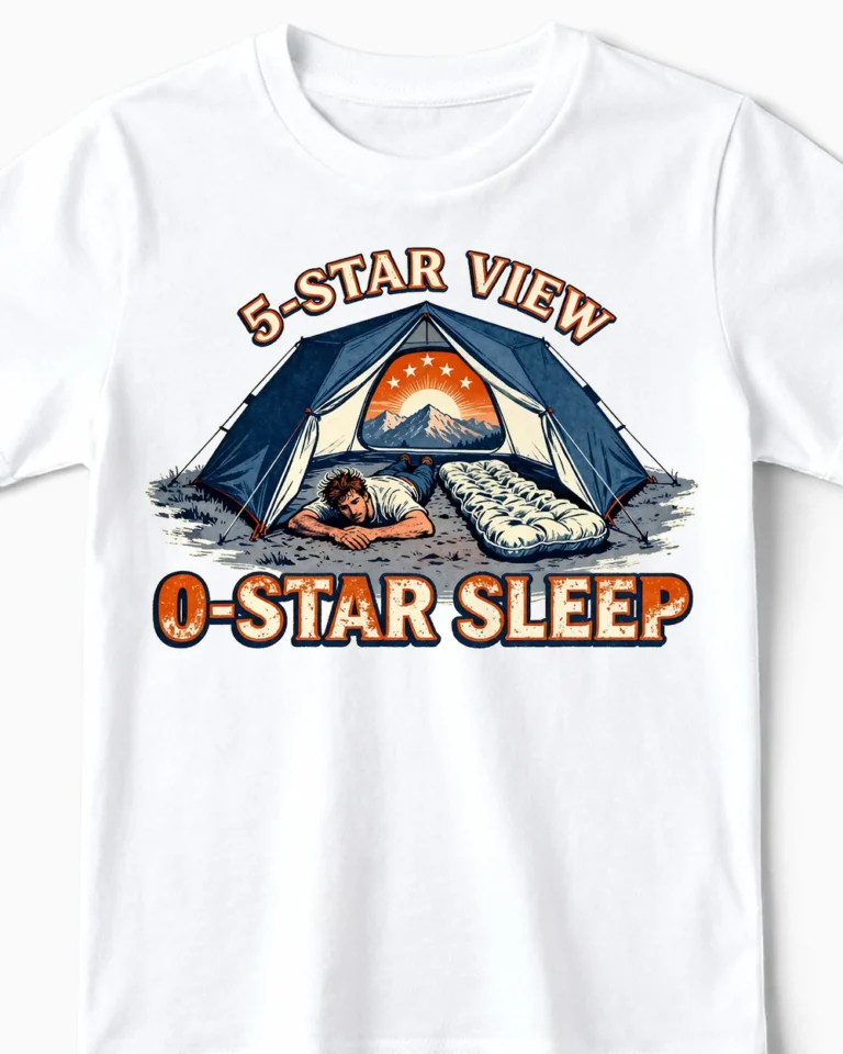 5-Star View 0-Star Sleep | Lustiges Camping & Zelten T-Shirt für Kinder & kleine Abenteurer weiss Close-Up