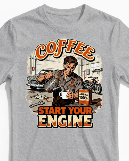 Coffee Start your Engine | Kaffee Herrenshirt graumeliert CloseUp