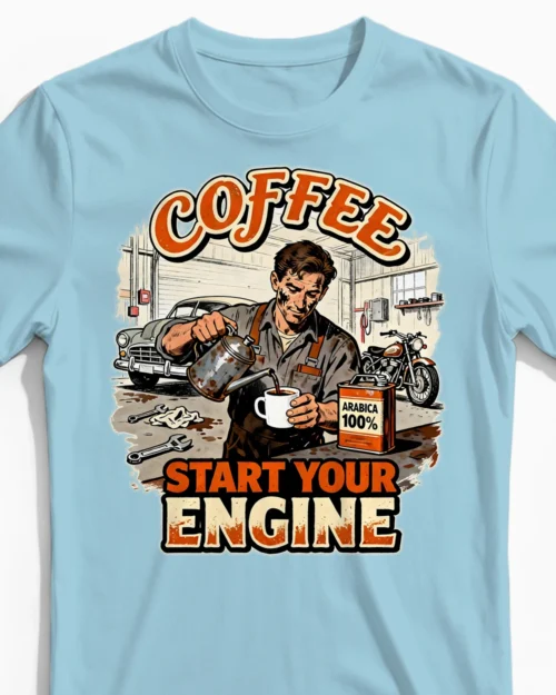 Coffee Start your Engine | Kaffee Herrenshirt hellblau CloseUp