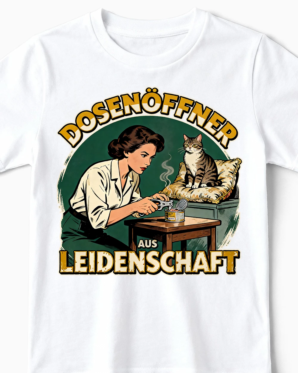 dosenoeffner-katzen-damenshirt-weiss-cu Dosenöffner | Lustiges Katzen T-Shirt für Kinder & kleine Katzenversteher weiss Close-Up