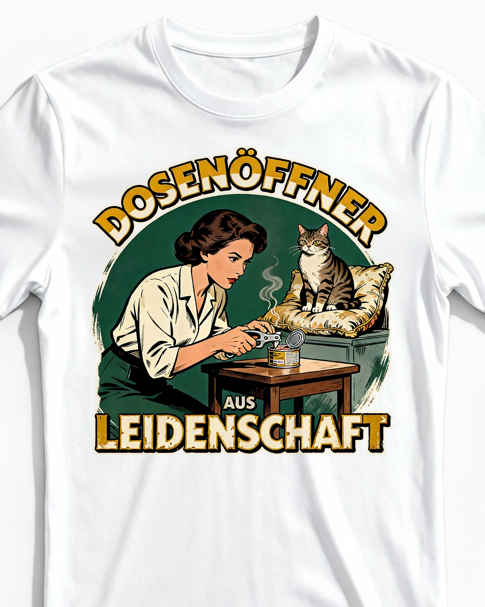 dosenoeffner-lustiges-katzen-herrenshirt-weiss-cu Dosenöffner | Lustiges Katzen T-Shirt für Herren & unbezahlte Katzenpapas weiss Close-Up