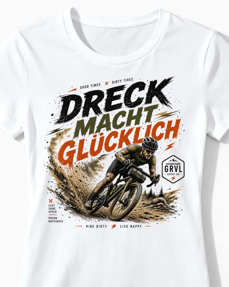 Dreck macht glücklich | Lustiges Gravel & Fahrrad T-Shirt für Damen weiss Close-Up