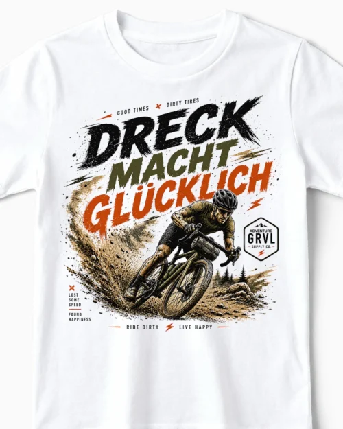 Dreck macht glücklich | Lustiges Gravel & Fahrrad T-Shirt für Kinder weiss Close-Up