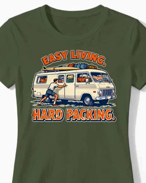 Easy Living. Hard Packing. | Retro Camper-Damenshirt olive Close-Up