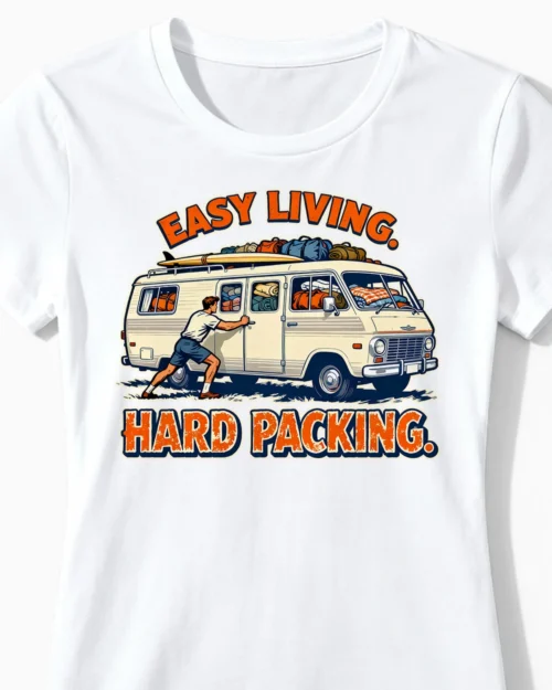 Easy Living. Hard Packing. | Retro Camper-Damenshirt weiss Close-Up