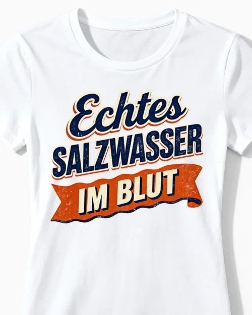 Echtes Salzwasser im Blut | Retro Küsten-Damenshirt weiss Close-Up