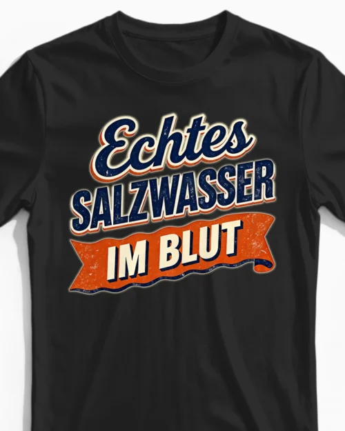 Echtes Salzwasser im Blut | Retro Küsten-Herrenshirt schwarz Close-Up