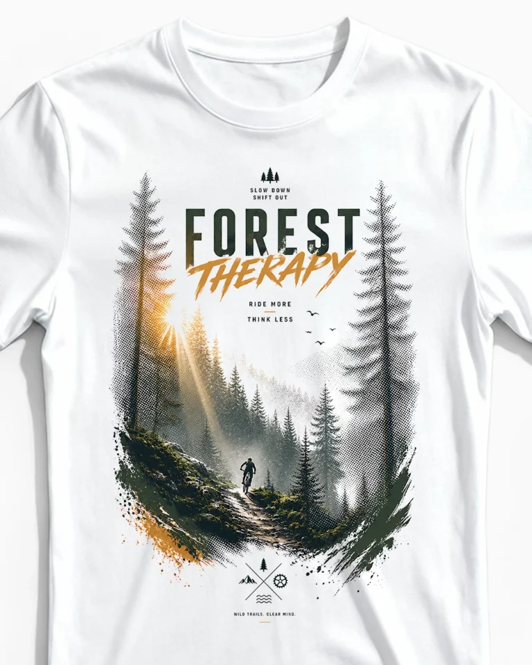 Forest Therapy | Stylisches Fahrrad & MTB T-Shirt für Herren & naturverliebte Trailjunkies weiss Close-Up