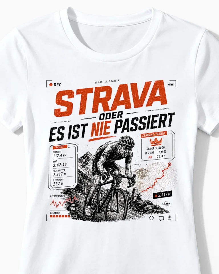 Strava oder es ist nie passiert | Lustiges Fahrrad & Rennrad T-Shirt für Damen & Spinning Fans weiss Close-Up