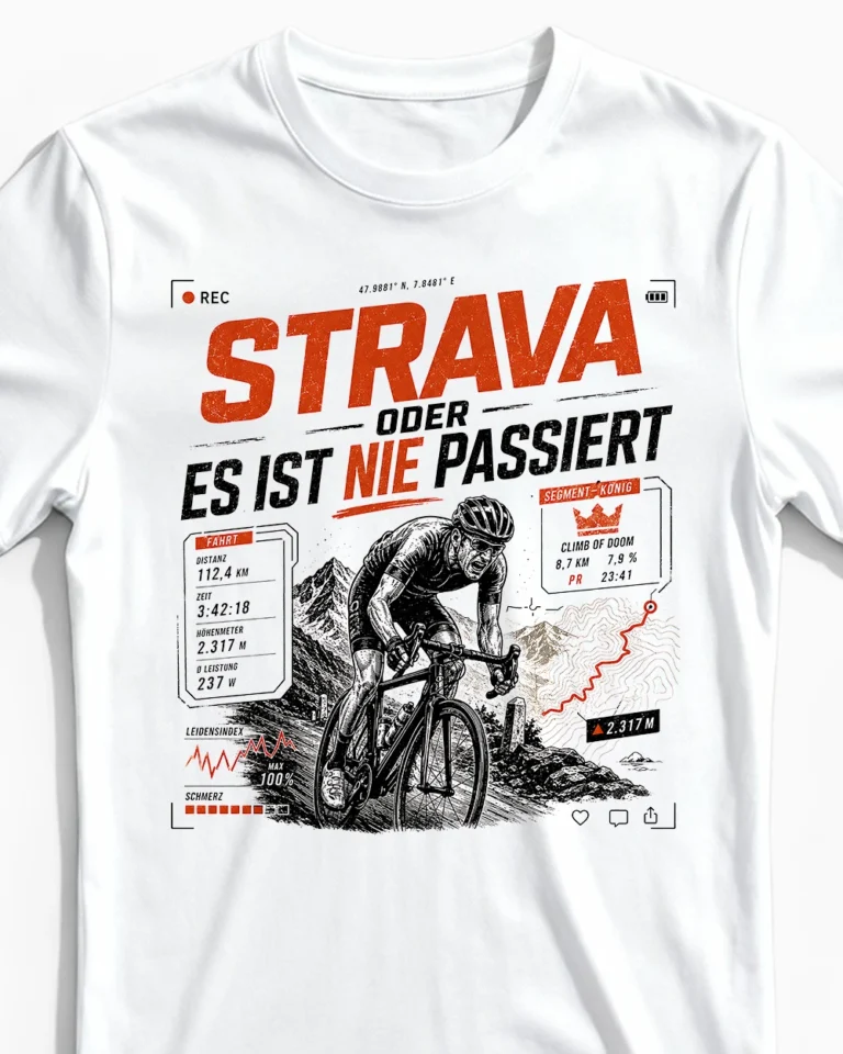 Strava oder es ist nie passiert | Lustiges Fahrrad & Rennrad T-Shirt für Herren & Segment-Jäger weiss Close-Up