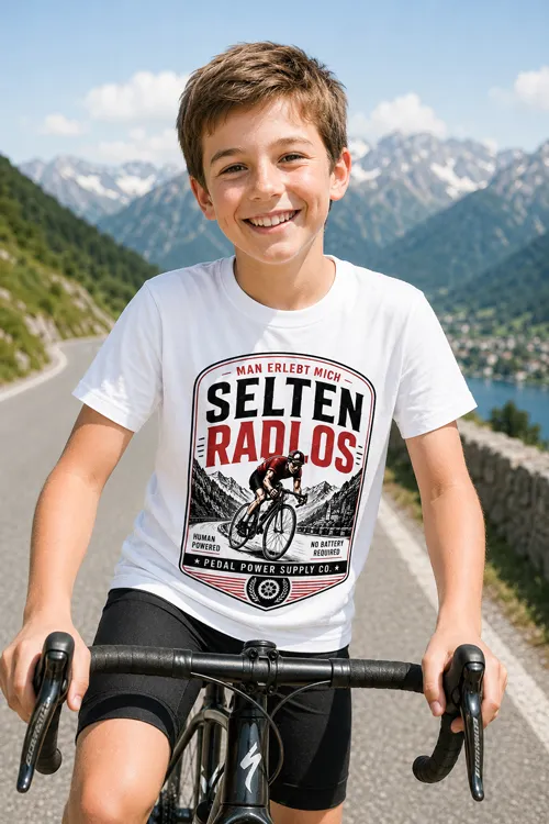 Cooles Rennrad Fahrrad T-Shirt für Kinder im Retro-Look. Comic-Stil Motiv mit Rennradfahrer auf Straße in Berglandschaft und Man erlebt mich Selten Radlos Spruch.