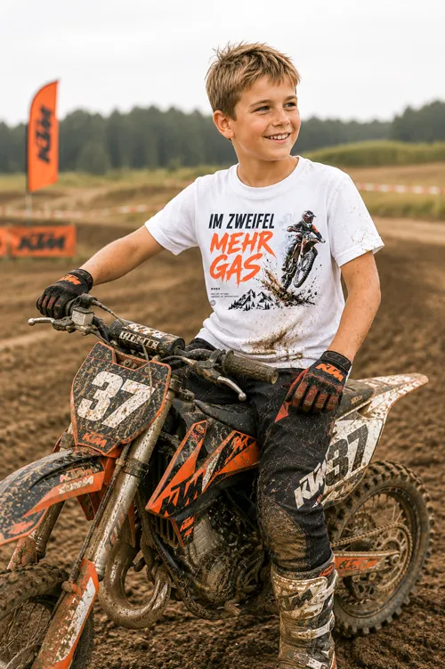 Motocross & Enduro T-Shirt für Kinder mit Motocross-Bike im Drift, fliegendem Dreck und großem „Im Zweifel Mehr Gas“ Spruch.