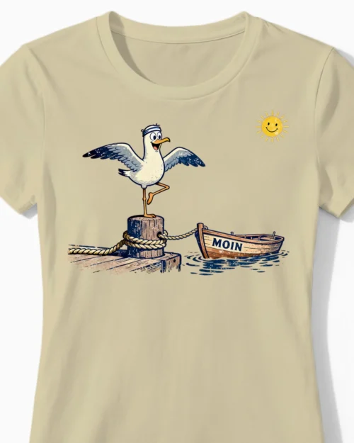 Küsten-Yoga Möwe Damenshirt beige CloseUp