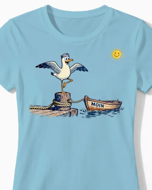 Küsten-Yoga Möwe Damenshirt hellblau CloseUp