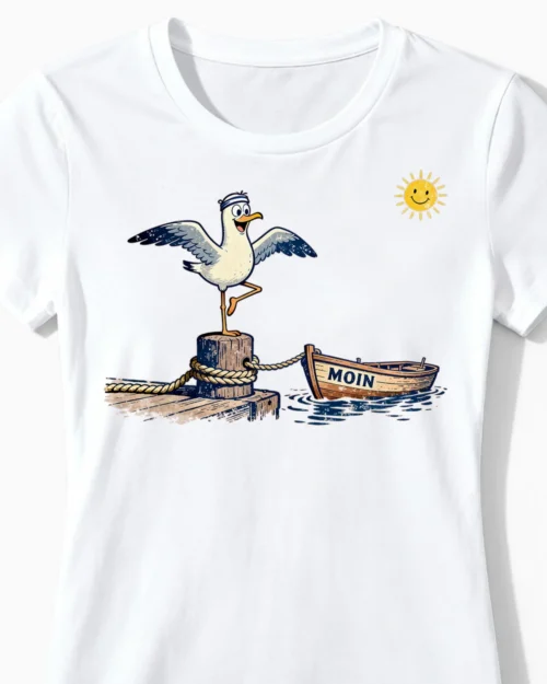 Küsten-Yoga Möwe Damenshirt weiss CloseUp