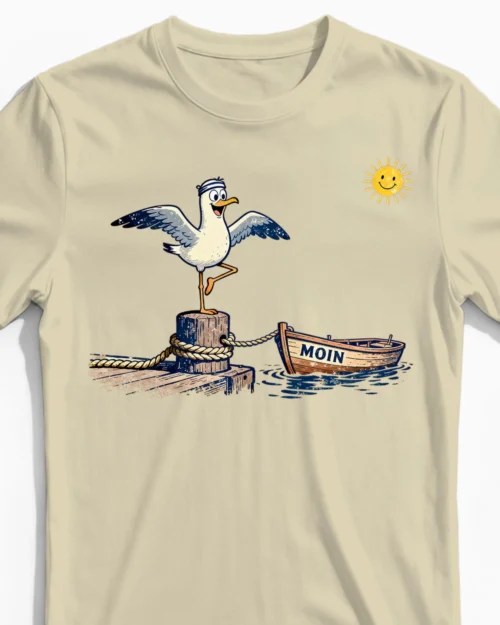 Küsten-Yoga Möwe Herrenshirts beige CloseUp