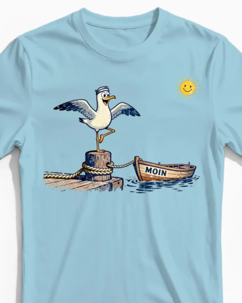 Küsten-Yoga Möwe Herrenshirts hellblau CloseUp