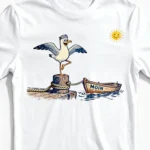 Küsten-Yoga Möwe Herrenshirts weiss CloseUp