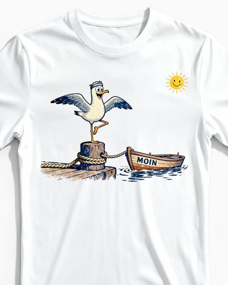 Küsten-Yoga Möwe Herrenshirts weiss CloseUp