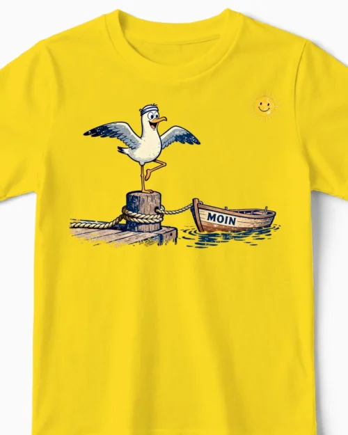 Küsten-Yoga Möwe Kindershirt gelb CloseUp