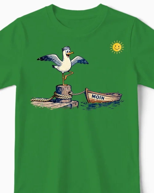 Küsten-Yoga Möwe Kindershirt grün CloseUp