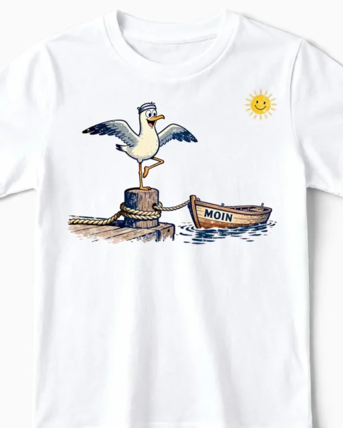 Küsten-Yoga Möwe Kindershirt weiss CloseUp