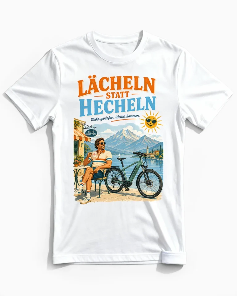 Lächeln statt Hecheln | Lustiges E-Bike & Fahrrad T-Shirt für Herren weiss